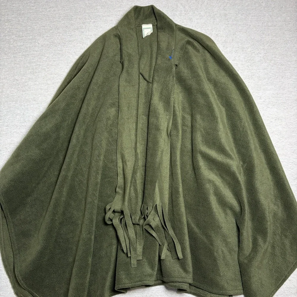 Vintage USA Made Womens‎ Poncho Wrap OS Olive Green Fleece Fringe Scarf Boho